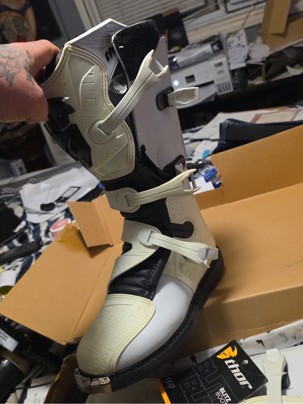 Thor Black and White Motocross Boots with Cream Accents